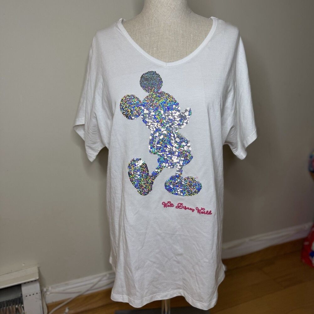 Disney Parks Mickey Mouse Flip Reversible Sequins V-neck Top M EUC Authentic Fab